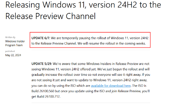 Win11 24H2预览更新暂停背后细节